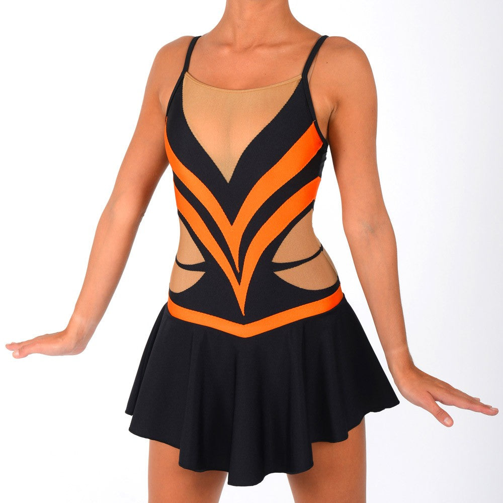 Justaucorps de Twirling noir et orange Diamond lycra jupette